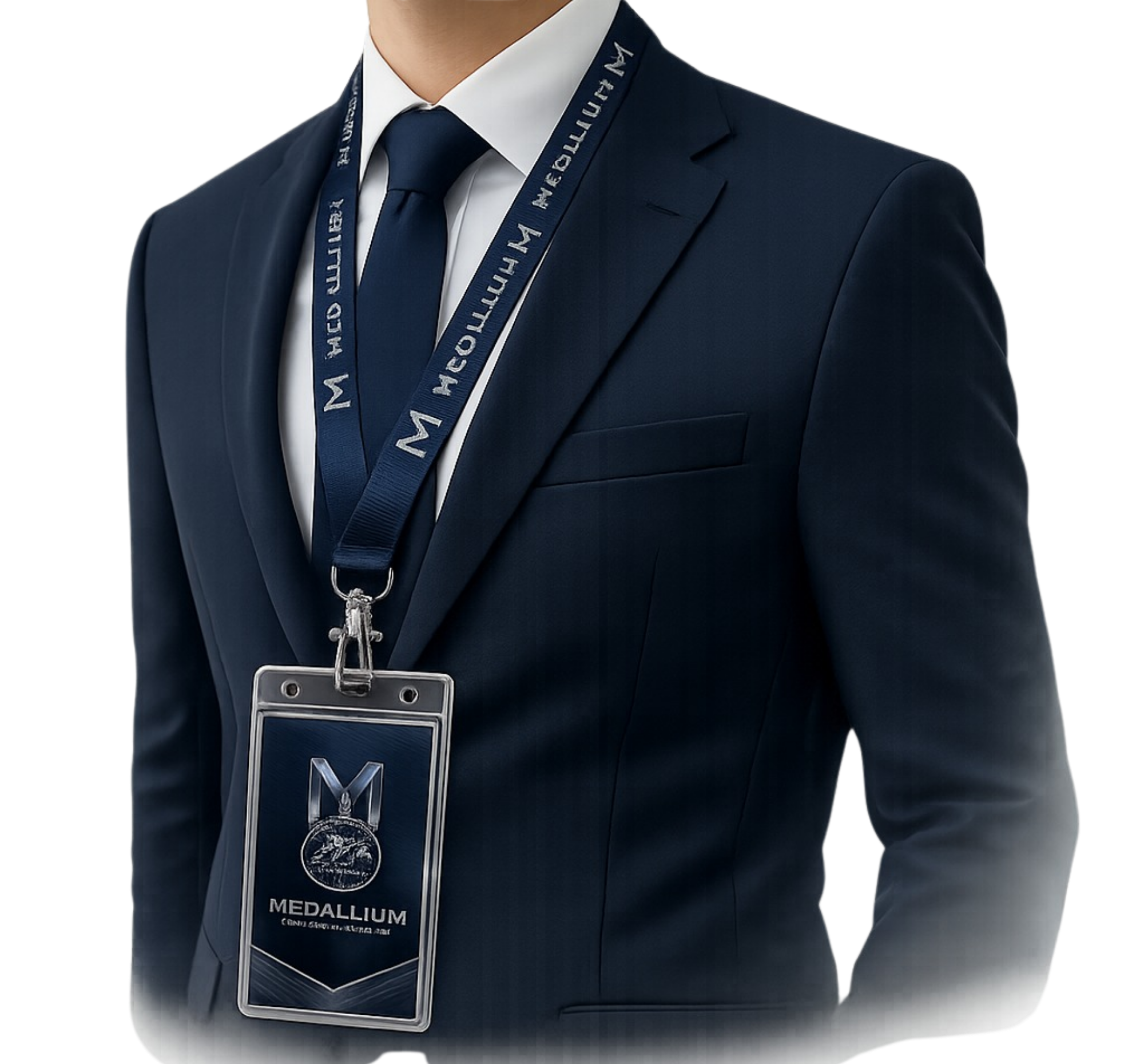 Ejemplo de uso de portagafete personalizado Medallium en traje corporativo